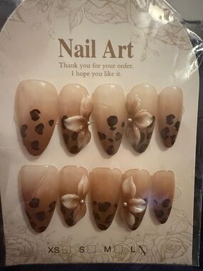 Nude Leopard Print Press-On Nails with 3D Floral Accent